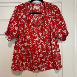 MELLODAY Red and White Floral Blouse
